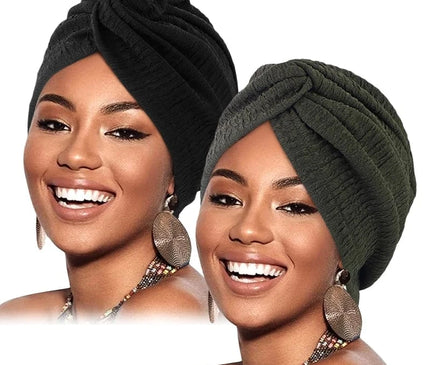 2PCS/LOT Women Pleated Twist Knot Turban Elastic Chemo Cap Hijab Bonnet Headwear Beanie Cap Hat For Cancer Hair Loss Accessories Noir / AGN