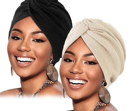 2PCS/LOT Women Pleated Twist Knot Turban Elastic Chemo Cap Hijab Bonnet Headwear Beanie Cap Hat For Cancer Hair Loss Accessories Noir / Beige