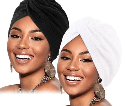 2PCS/LOT Women Pleated Twist Knot Turban Elastic Chemo Cap Hijab Bonnet Headwear Beanie Cap Hat For Cancer Hair Loss Accessories Noir / Blanc