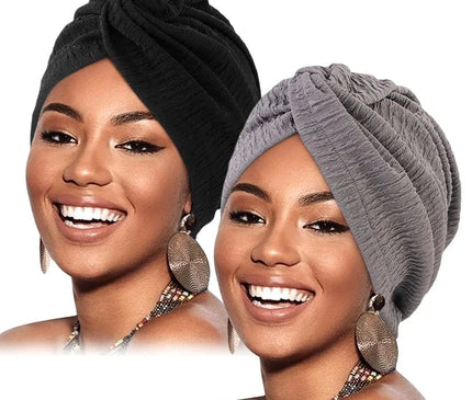 2PCS/LOT Women Pleated Twist Knot Turban Elastic Chemo Cap Hijab Bonnet Headwear Beanie Cap Hat For Cancer Hair Loss Accessories Noir / Gris