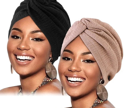 2PCS/LOT Women Pleated Twist Knot Turban Elastic Chemo Cap Hijab Bonnet Headwear Beanie Cap Hat For Cancer Hair Loss Accessories Noir / Kaki