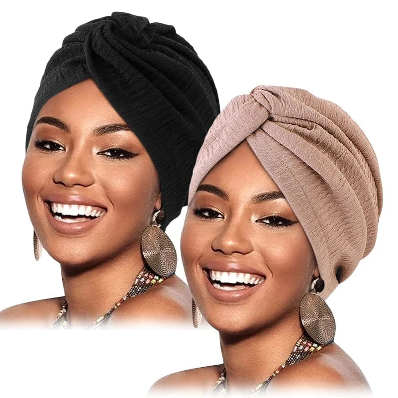 2PCS/LOT Women Pleated Twist Knot Turban Elastic Chemo Cap Hijab Bonnet Headwear Beanie Cap Hat For Cancer Hair Loss Accessories Noir / Kaki