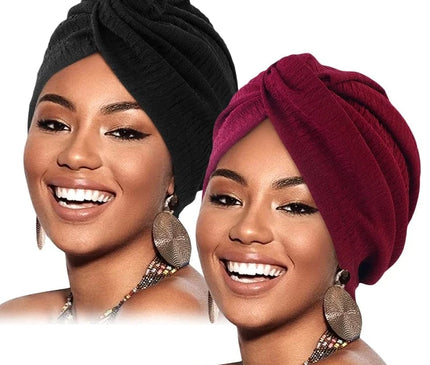 2PCS/LOT Women Pleated Twist Knot Turban Elastic Chemo Cap Hijab Bonnet Headwear Beanie Cap Hat For Cancer Hair Loss Accessories Noir / Rouge