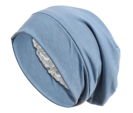Women Soft Satin Lining Turban Hat Sleep Cap Cancer Chemo Hat Beanie Headwrap Hair Loss Bonnet Bleu