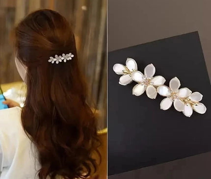 White Flower Imitation Pearl Hair Clip Boutique Opal Design Stylish Horizontal Clip for Women’s Fashion Hair Accessories Golden