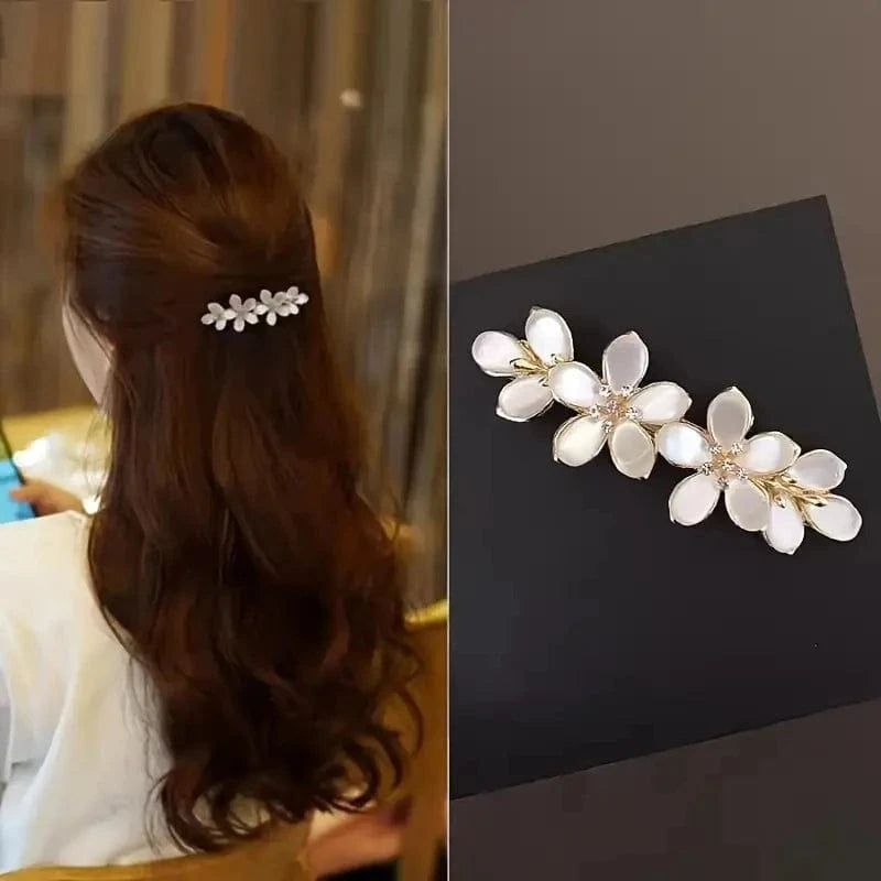 White Flower Imitation Pearl Hair Clip Boutique Opal Design Stylish Horizontal Clip for Women’s Fashion Hair Accessories Golden